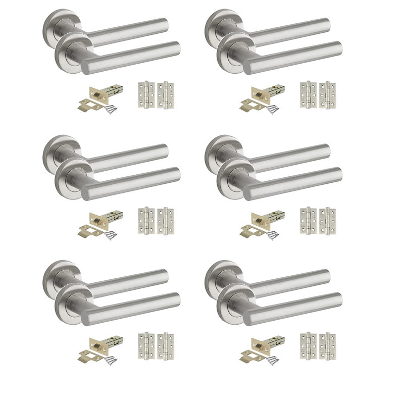 6 Pairs Straight T-Bar Door Handles on Round Rose, Satin Nickel