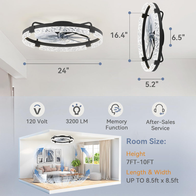 24 Inch Low Profile Ceiling Fans with Lights and Remote, Black