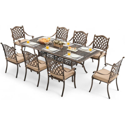 Ensemble de salle à manger 9 pièces pour l'extérieur en fonte d'aluminium, ensemble de salle à manger pour 8 personnes avec table et chaises 86,6 po