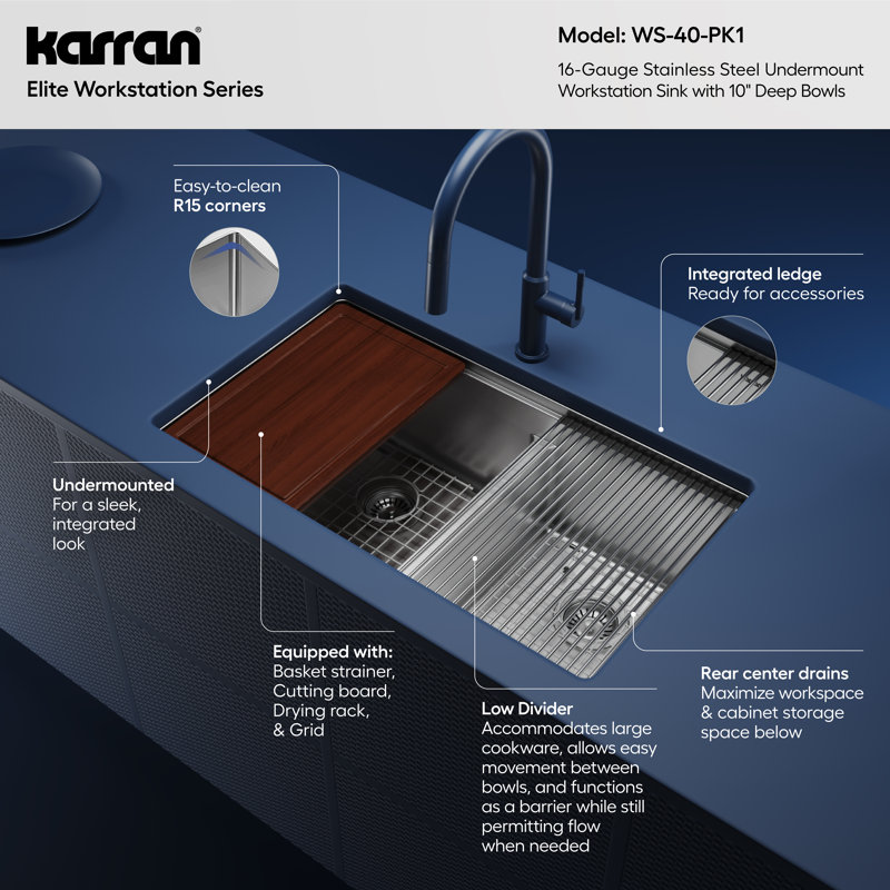Elite Workstation 32 " L Undermount Double Bowl Stainless Steel Kitchen Sink