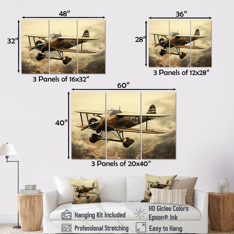 Historic Plane Glory Mid Flight I - Plane Canvas Art Set, 40" H x 60" W x 1" D