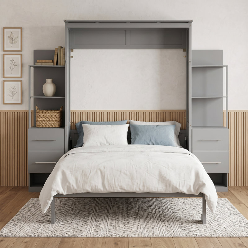 Murphy Bed Wall Bed with Shelves, Drawers and LED Lights, Gray, Full