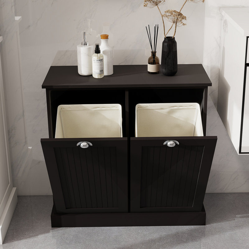 Durable And Stylish Laundry Sorter Cabinet With Two Compartments For Efficient Organization And Modern Design, Black