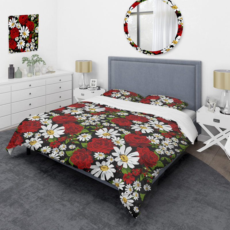 Ensemble de housse de couette à motif floral blanc et rouge, Housse de couette pour grand lit et 2 taies décor