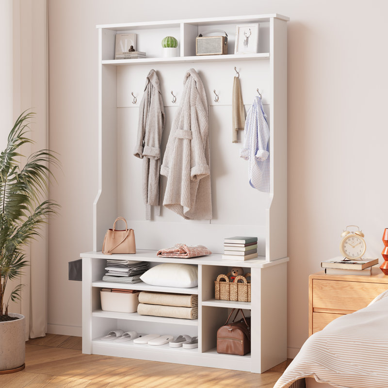 Farmhouse Hall Tree with Adjustable LED Lights, Bench, Shoe Storage, Side Baskets and Hooks for Entryway , White