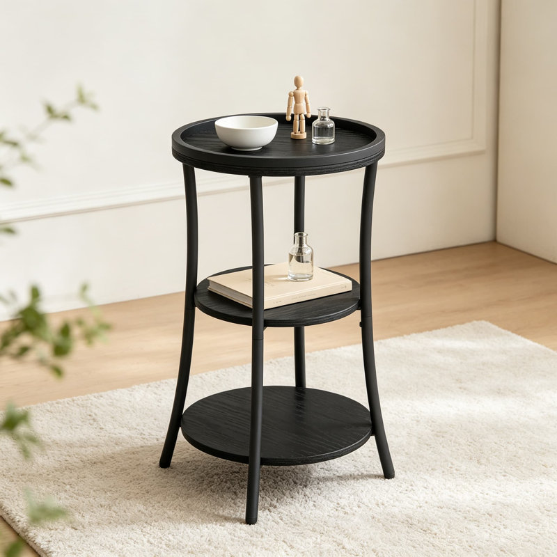 Petite table d'appoint ronde, table de bout en bois à 3 niveaux, table d'appoint de coin avec garde-bord, table de chevet mince pour les petits espaces, table basse, table de chevet pour salon, chambre à coucher, canapé-lit, rétro