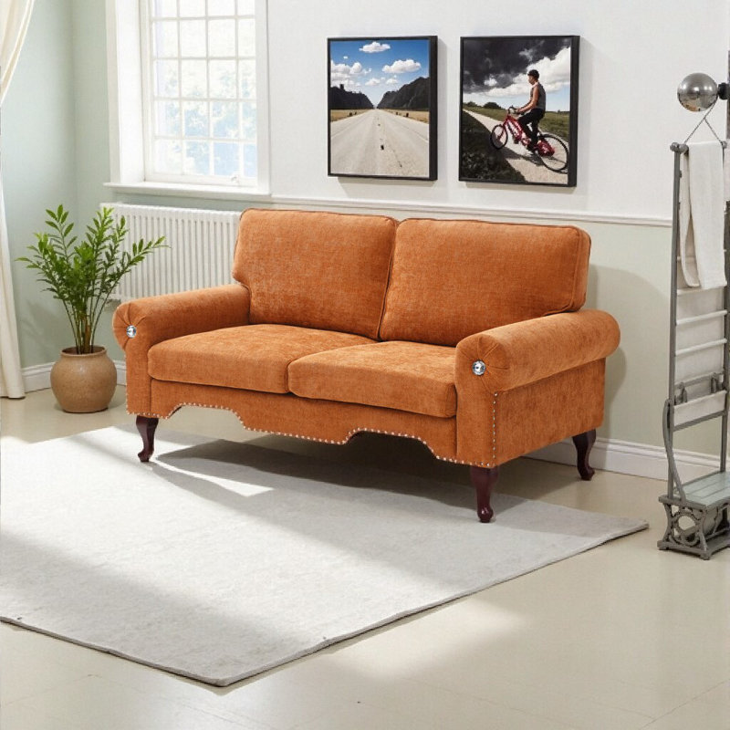 Canapé Chesterfield classique - conception à accoudoirs roulés avec boutons en cristal, Orange