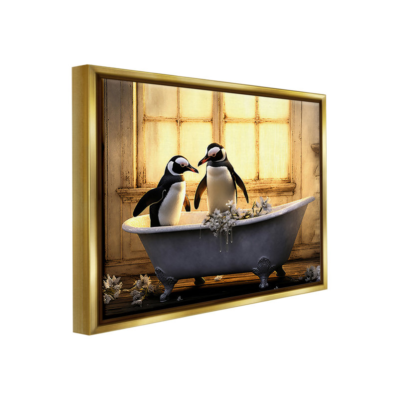«Penguins In Sunlit Bath» par Lazar Studio sur toile, Cadre flottant métallique doré, H 25 po x l 31 po
