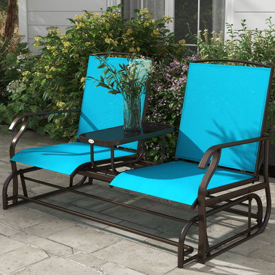 Backyard Garden Patio With Glider Bench - Blue Metal Frame Double Gliding Delight, Breathable Mesh, For Porch, Poolside, Balcony Center Table. Backyard. Fabric, 264 Lbs. Seat Capacity, Relaxation