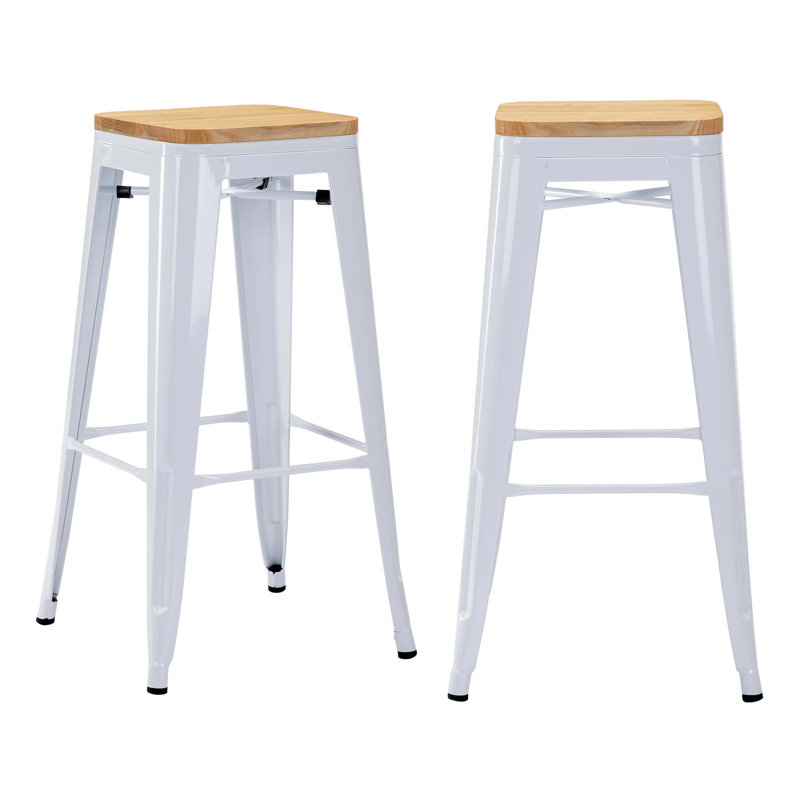 Stainless Steel Outdoor Stool, Glossy White/Light Brown