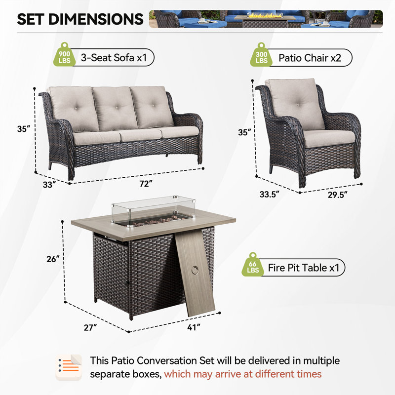 Ensemble de conversation à canapé pour 5 personnes Carolina avec foyer et coussins, Beige/brun
