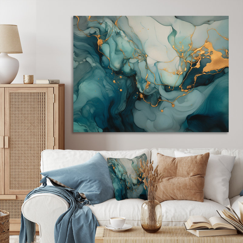 Turquoise doré infusé marbre I, reproduction d'art sur toile, H 30 po x l 40 po x P 1,5 po, Toile tendue