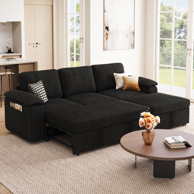 Canapé modulaire en forme de L avec lit escamotable, canapé-lit modulaire avec rangement, noir, Black Corduroy