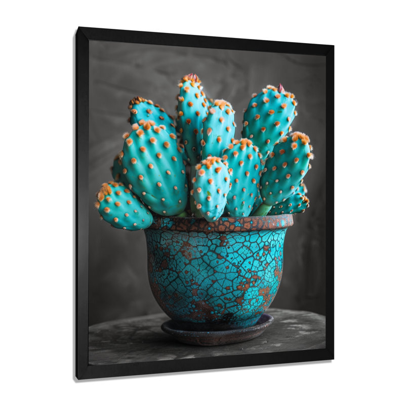 Turquoise gris, photo monochrome de cactus dans un vase - art mural de cactus floral, salon, Métal métal