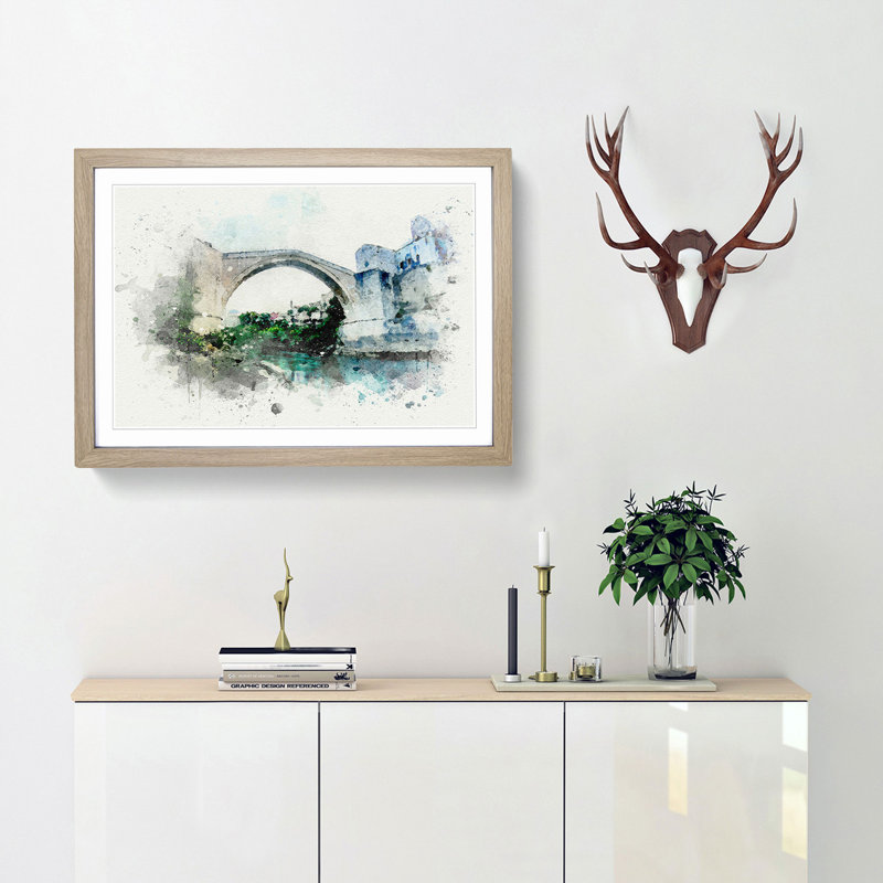 Stari Most Old Bridge in Abstract - Framed Print, 62cm H x 87cm W x 2cm D, Oak Framed
