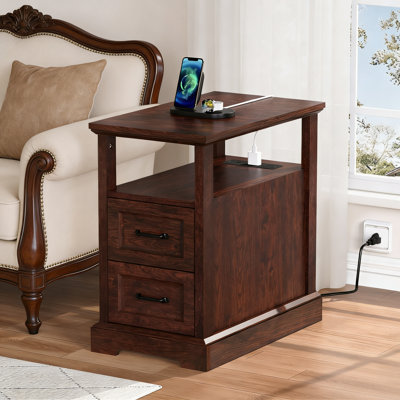 2-Drawer Farmhouse End Table With Built-In Outlets