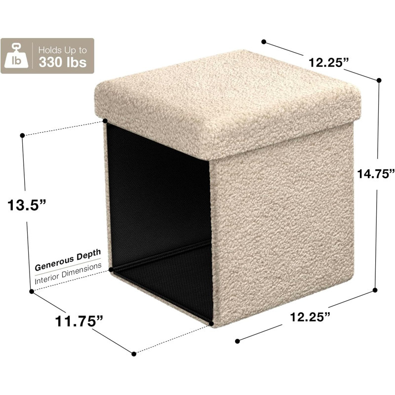 Taneishia Sorbus Plushy Upholstered Storage Ottoman Cube Folds flat - 12.25"L - Beige, Beige
