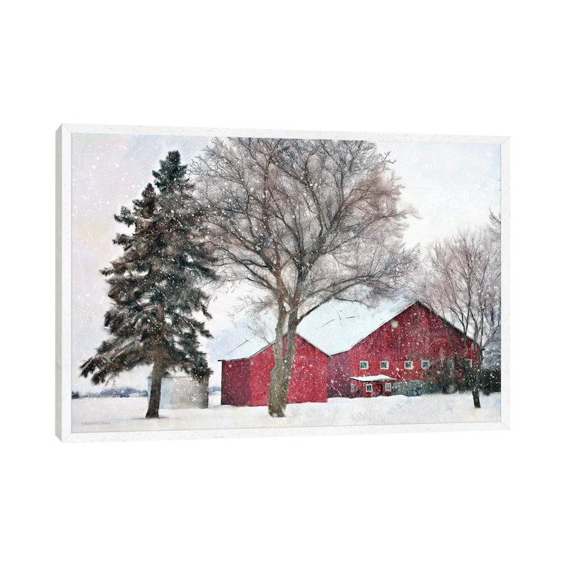 Snowy Barn by Bluebird Barn - Print on Canvas, 66.04 cm H x 45.72 cm W, White Framed