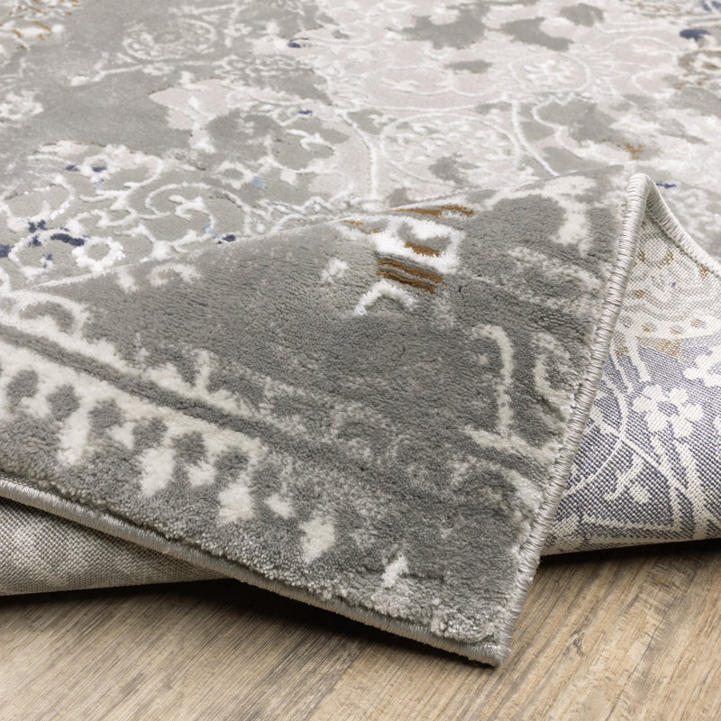 Tapis gris abstrait à motif abstrait tissé à la machine 8 pi x 11 pi, Rectangle 5 pi 3 po x 7 pi 6 po