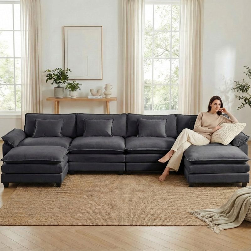 Canapé modulaire modulaire en U à rayons en forme de U de 154 po avec repose-pieds amovible Modern, Velours gris foncé