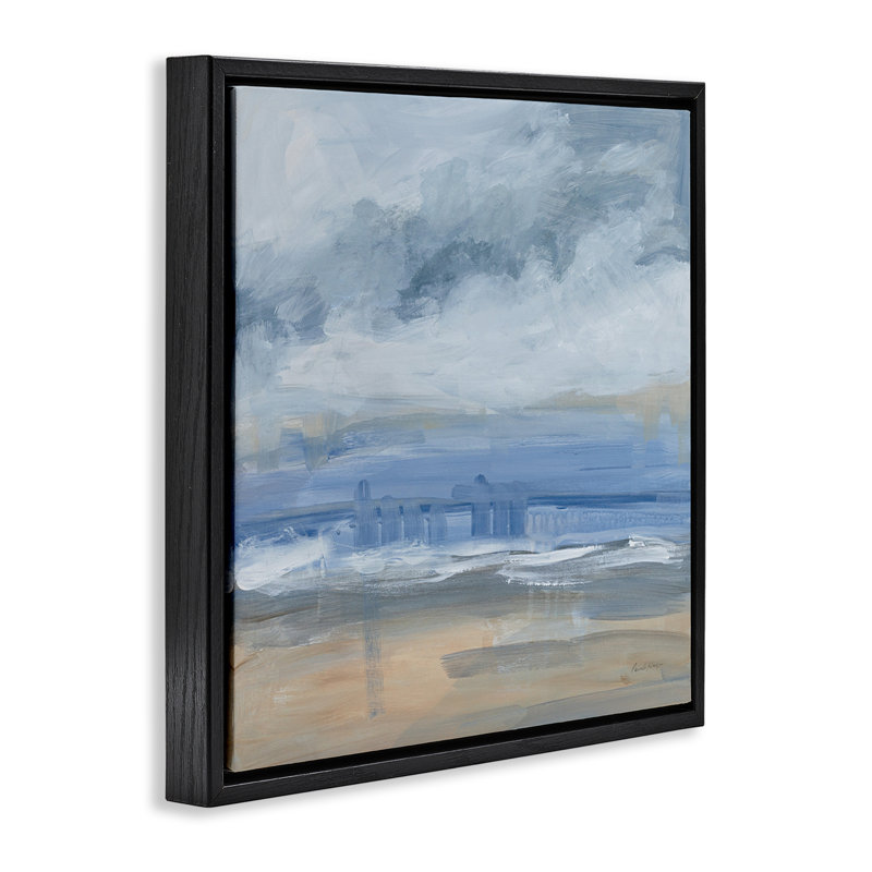 "Abstrait plage", toile grise encadrée par Pamela Munger, Cadre flottant noir de jais, H 18 po x l 18 po