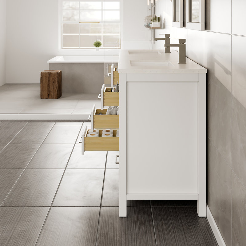 London Double Sink White Bathroom Vanity with Carrara Quartz Countertop