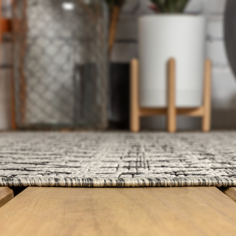 Crompton Moroccan Geometric Textured Weave Indoor/Outdoor Rug, Rectangle 10' x 14', Light Gray/Black