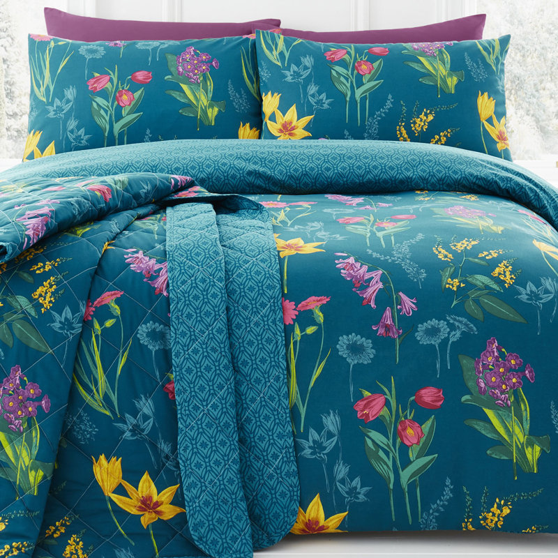Colourful Flower Bouquets Face and Geometric Duvet Cover Set, Double - 2 Standard Pillowcases, Teal