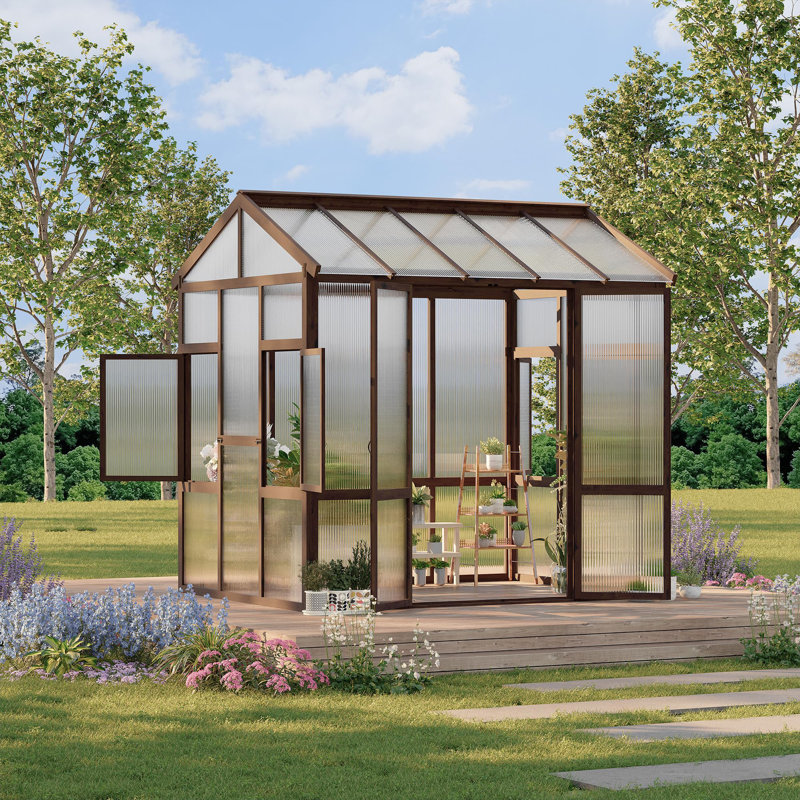 Heavy Duty Wooden Greenhouse 6x8 FT for Outdoor - Walk-in Kit with 6mm Polycarbonate Panels, Ventilated Window, Lockable Door - Ideal for Backyard, Patio, Lawn, Sturdy Wood