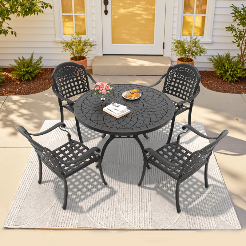 4-Person Round Outdoor Dining Set With Blue Color Cushion, 28.35" H x 47.24" W x 47.24" D, 5 Pieces: Table, 4 Chairs