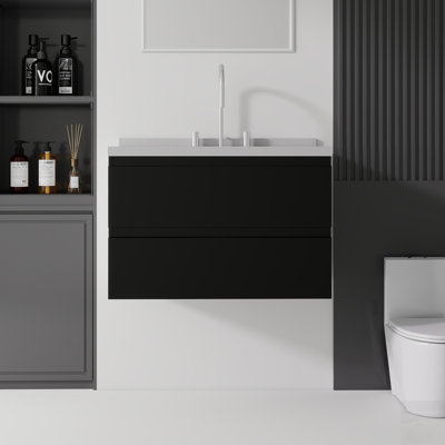 Meuble-lavabo flottant avec porte à fermeture douce, comptoir en marbre de culture et dosseret pour espaces compacts