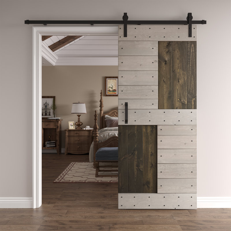 Porte de grange coulissante en bois de pin noueux S Series sans trousse de quincaillerie, Gris carbone / gris clair
