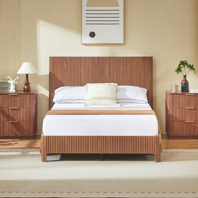 Wooden Corrugated Curved Lines,No Box Spring Needed, Walnut, Full