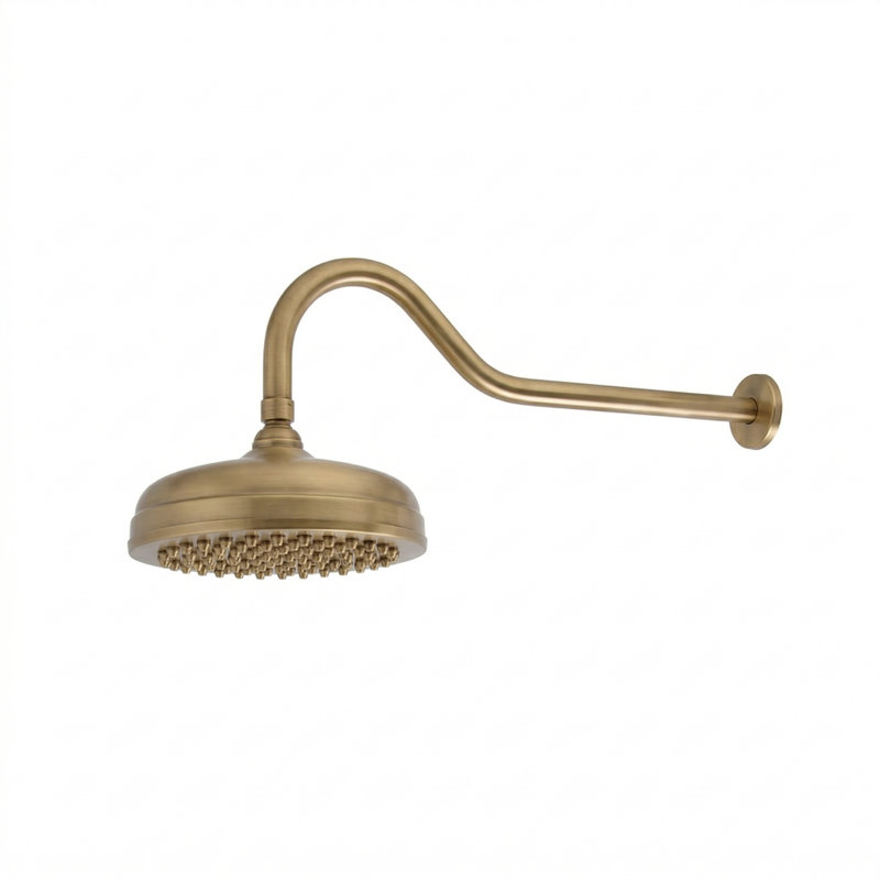 Gooseneck Showerhead 8" Diameter with 2.5 GPM, Unlacquered Raw Brass