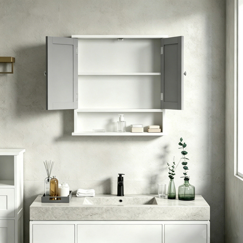 560 mm W 580 mm H Mirrored Bathroom Cabinets with Mirror and 3 Adjustable Shelves