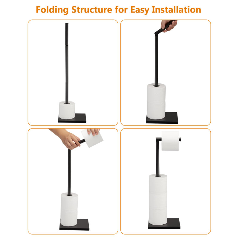Free Standing Bathroom Toilet Paper Holder Stand With Reserve, Stainless Steel Pedestal Tissue Roll Holder, Black