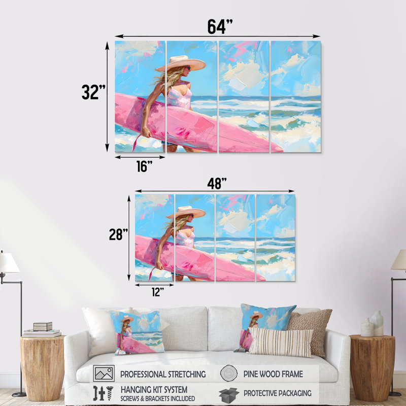 Coastal Surfside Beach Surfer Cowgirl - Ensemble de décoration murale Cowgirls, H 32 po x l 64 po