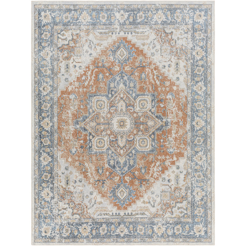 Tapis oriental en polyester tissé à la machine bleu foncé / rouille Bejarano Kirklin, Rectangle 5 pi 3 po x 7 pi