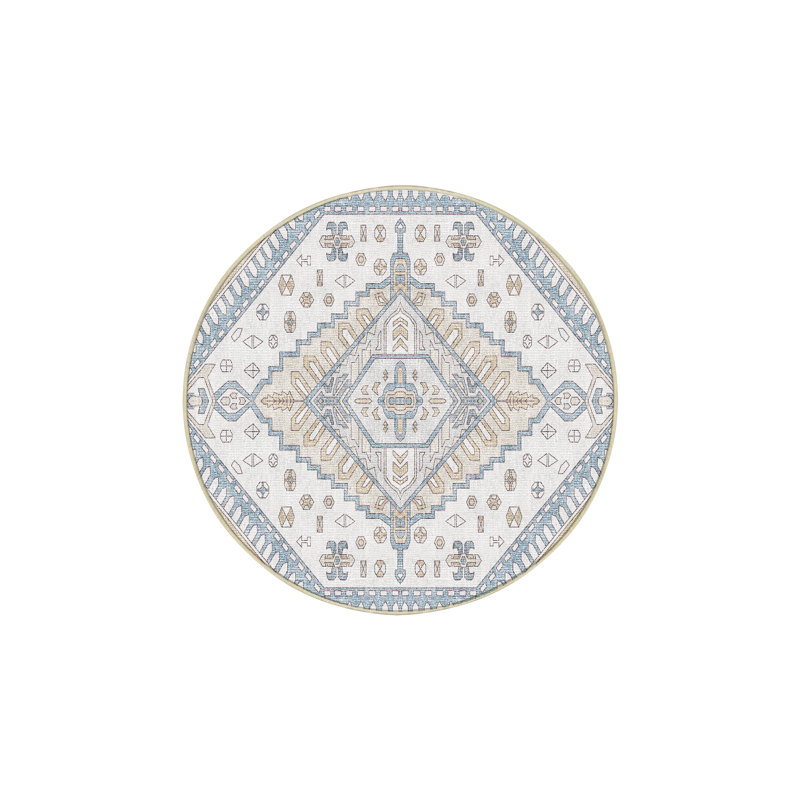 Tapis bleu / beige en chenille / polyester tissé à la main Marce, Rond 7 pi