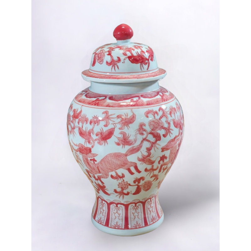 17" Porcelain Ginger Jar with Chinoiserie Deer Design, Red