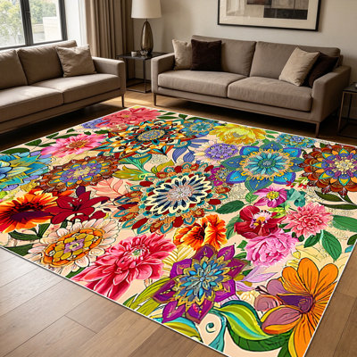 1PC Bohemian Vibrant Floral Mandala area rugs for Living Room, Soft and Comfortable, Suitable for all seasons, easy-to-maintain, machine washable Indoor floor mat, suitable for Dining Room, Bedroom, Kitchen, Entryway, Home Decor, Outdoor Decor.