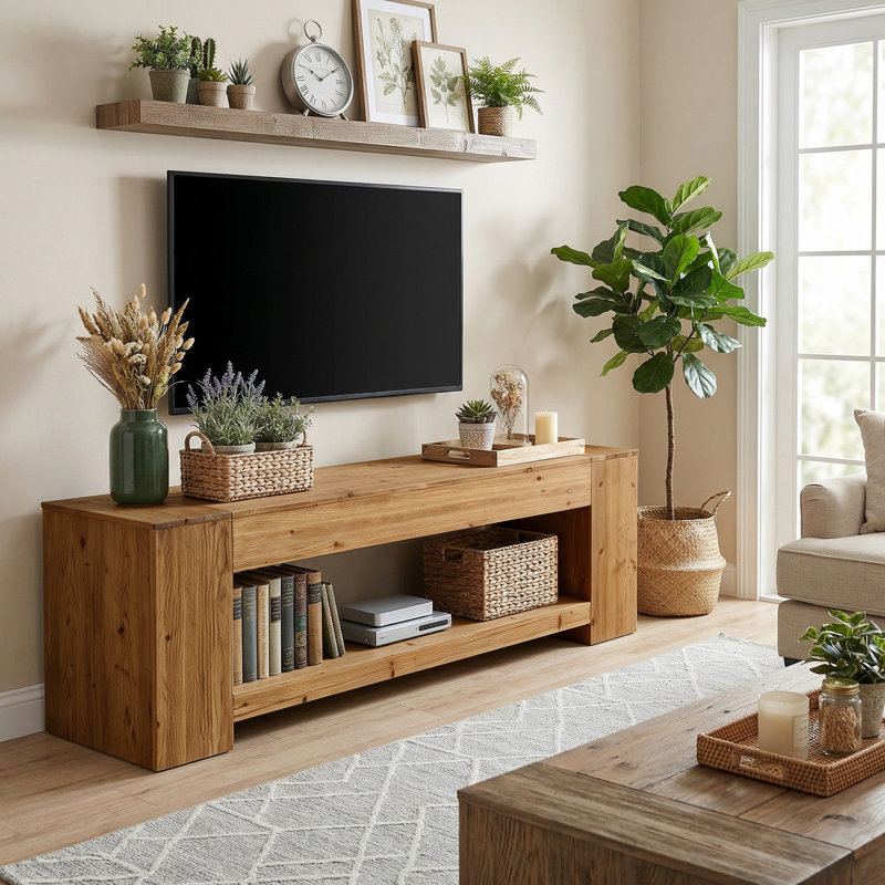 Meuble télé 63 po en bois massif pour téléviseur de 75 po ou moins, Marron clair