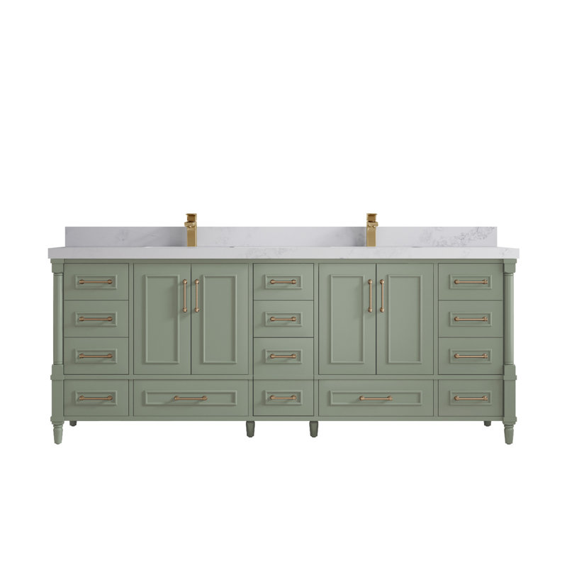 Aberdeen 84'' Double Bathroom Vanity with Quartz Top, Calacatta Nuvo, Evergreen