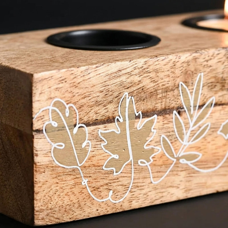 Porte-bougie thé en bois de manguier avec trois inserts en fer
