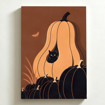 Tableau sur toile d'Halloween 40 x 60 cm. Un chat sort d'une citrouille, entouré de citrouilles noires. Impression sur toile d'art populaire automnal. Décoration murale moderne pour chambre, salon et bureau.