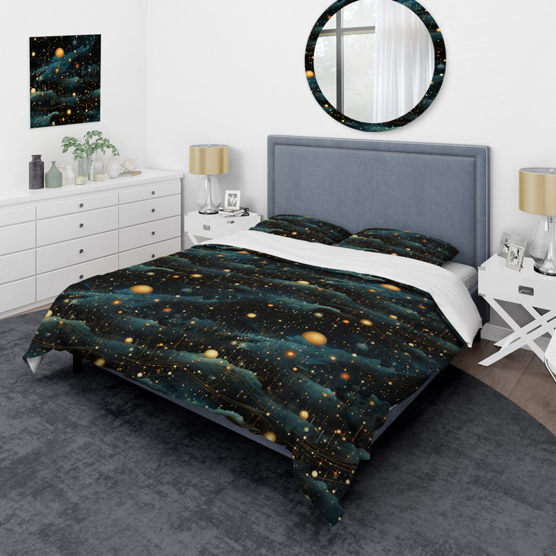 Celestial Constellations Planet Pattern I Box Stitch Abstract Duvet Cover Set, King Duvet Cover + 2 King Shams