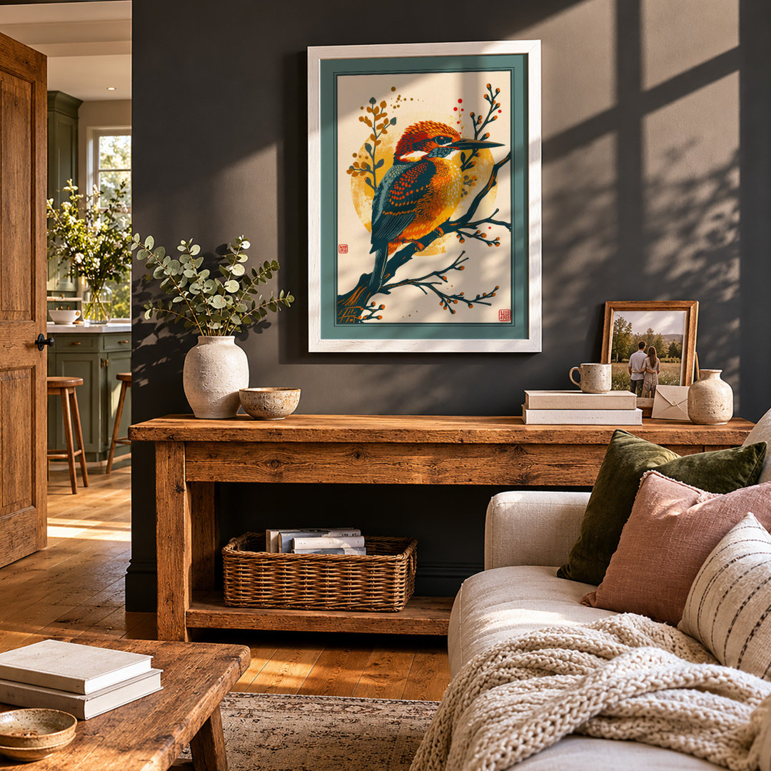 Kingfisher Among Branches Japandi - Framed Print