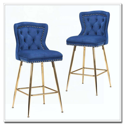 Tabourets de bar en velours à hauteur de comptoir avec pieds en métal