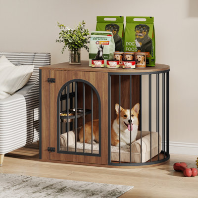 Morden Style Metal Dog Crate With Rotating Feeding Bowls