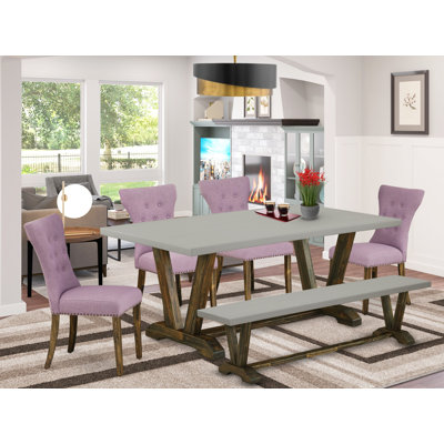 Ensemble de 6 pièces comprenant un superbe plateau de table de salle à manger en ciment, un magnifique banc et 4 chaises de cuisine Dahlia avec têtes de clou et dossier capitonné, finition jacobine patinée